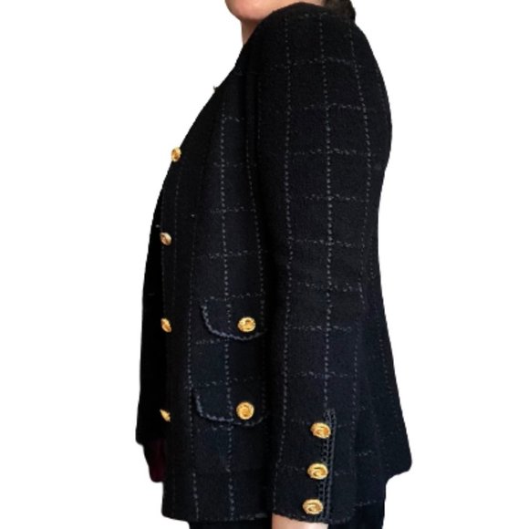 Vtg Military Academia Window Pane Textured Knit Black Gold Knit Blazer - Picture 6 of 16